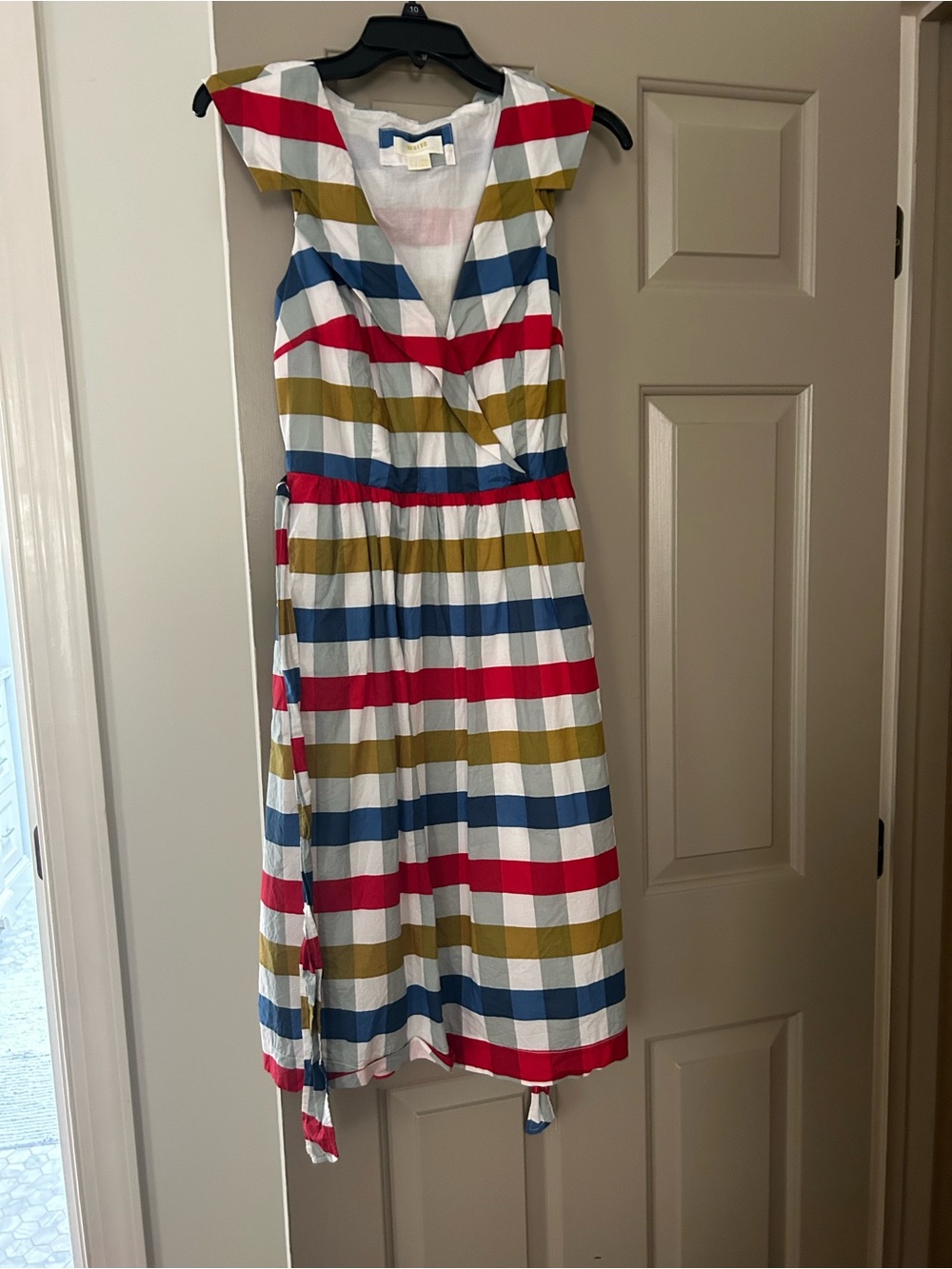 Maeve Striped V-Neck Dress in White, Red, Blue & Olive